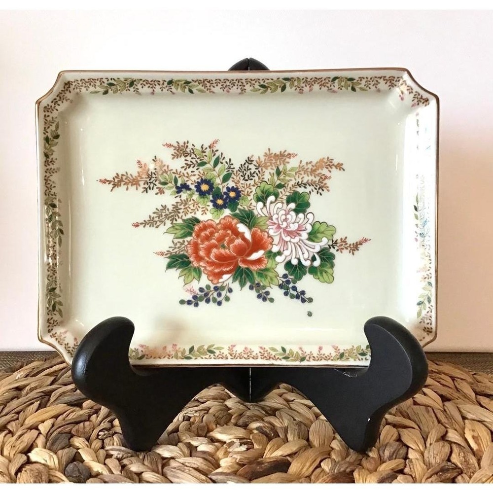 Vtg Japan Otagiri Porcelain Trinket Dish Gold Trim Peony Chrysanthemum MCM Retro